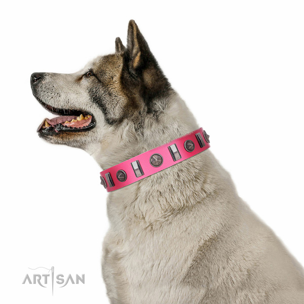 Artisan leather Akita-Inu collar for perfect control