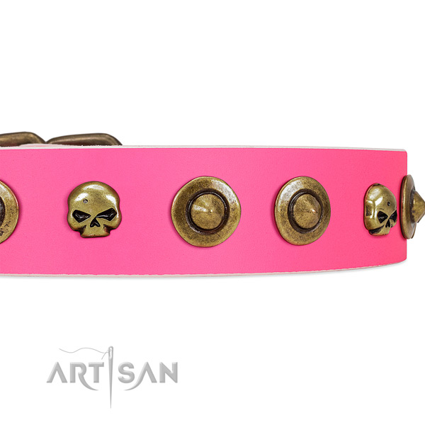 FDT Artisan pink leather dog collar with decorative brooches and skulls