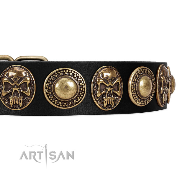 Fancy Walking Black Leather Dog Collar with Conchos and Medallions