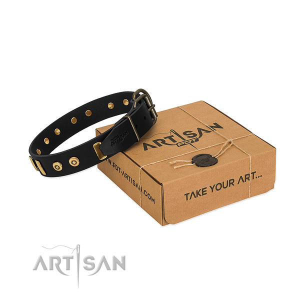 Super comfortable black leather dog collar for walks