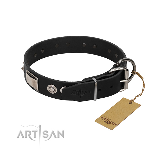 Black leather dog collar produced of premium quality materials