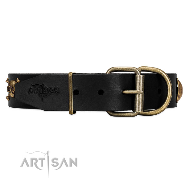 Durable black leather dog collar with old bronze-like hardware