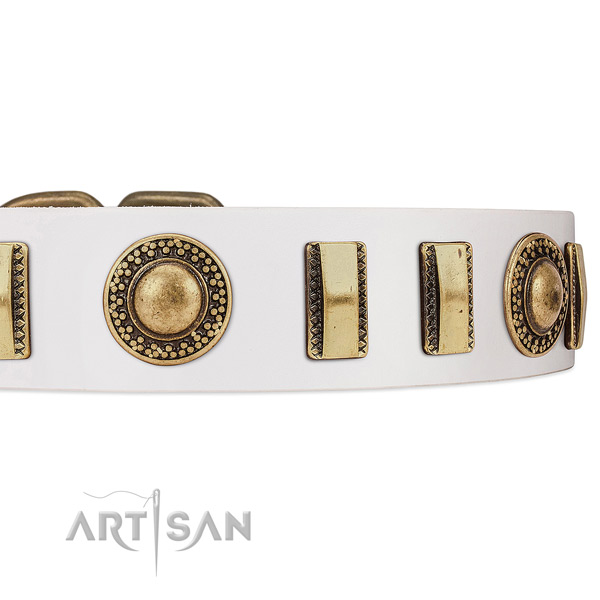 Old Bronze-like Plated Engraved Adornments on White Leather Dog Collar