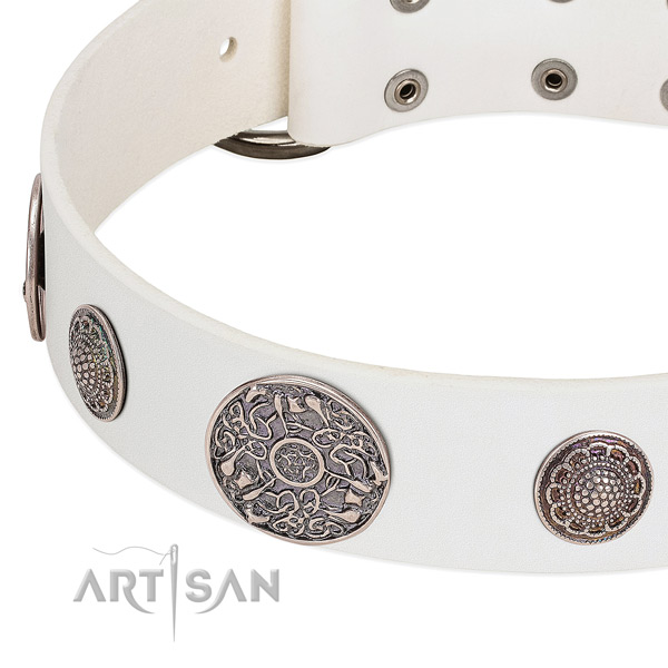 White leather dog collar with vintage decorations