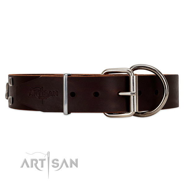 Unique Style Brown Leather Dog Collar with Old Bronze-like Plated Fittings