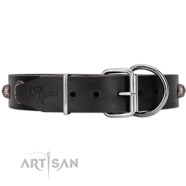 Unique style black leather dog collar with tough fittings