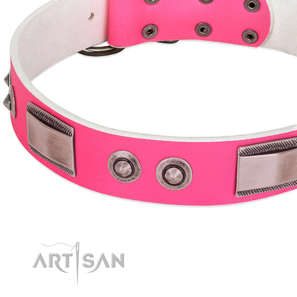 Elegant pink dog collar with large plates and spiked studs