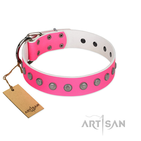 Pink leather dog collar of the best quality