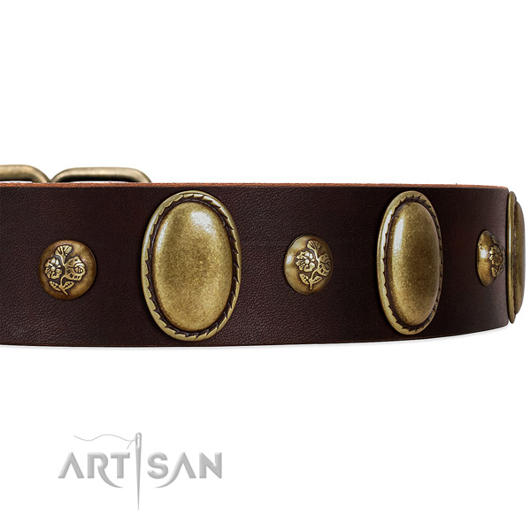 Studded Leather Dog Collar with Studs with Flowers and Oval Plates