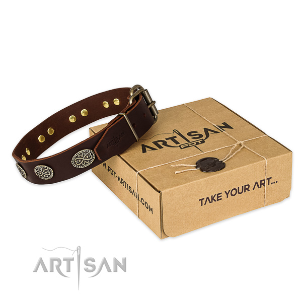 Designer Brown Leather Decorated Dog Collar