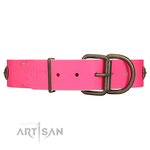 Strong Corrosion-proof Buckle on Pink Leather Dog Collar