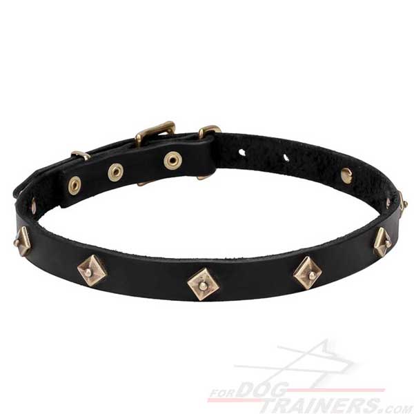 Dog Narrow Leather Collar with Rhombs