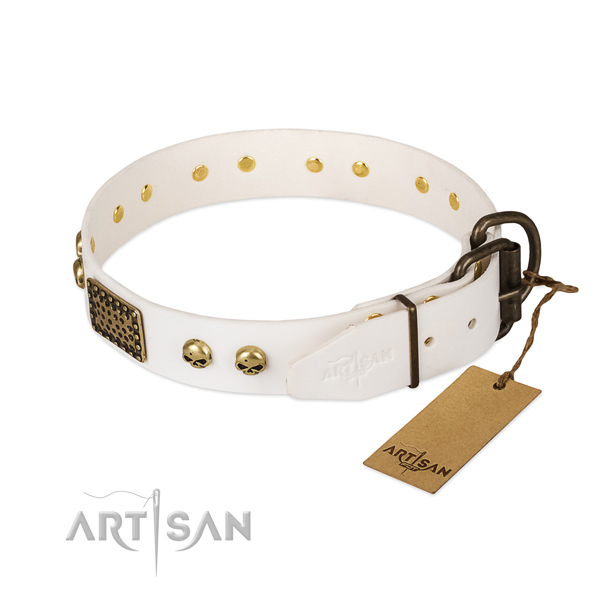 White Leather Dog Collar with Old Bronze Look Fittings