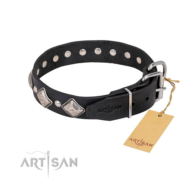 Easy Walking Black Leather Dog Collar