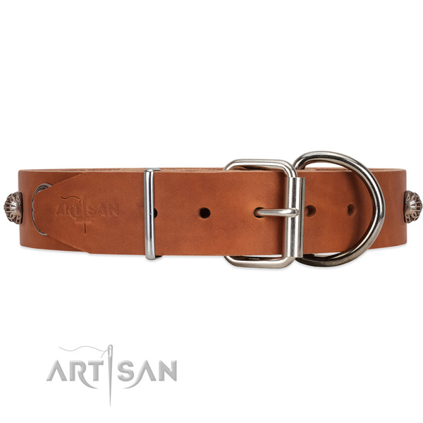 Tan Leather Dog Collar with Riveted Sturdy Hardware