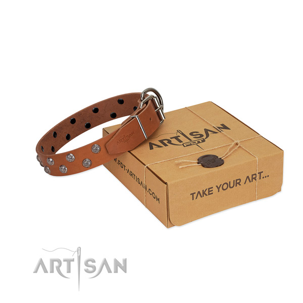 Top-quality tan leather dog collar for comfortable wear