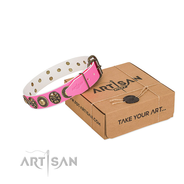 Pink leather dog collar for stylish walking