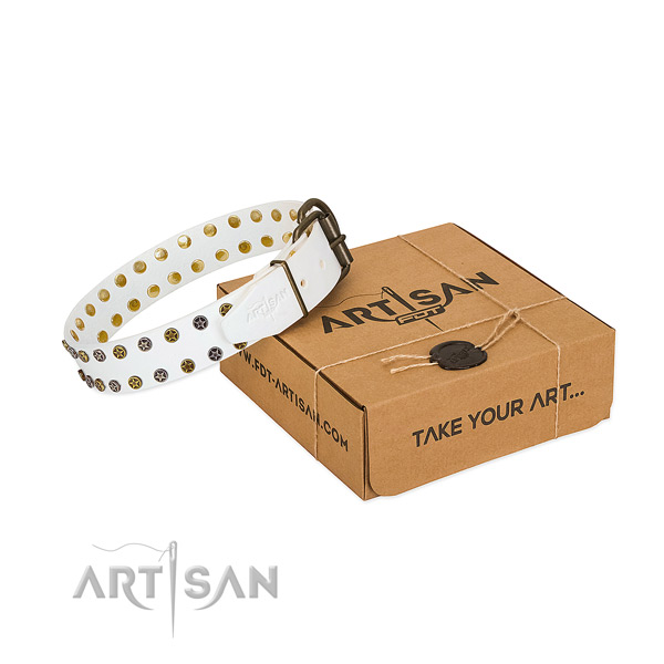 Handmade white leather dog collar with elegant decorations