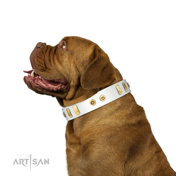 White Genuine Leather Collar for Dogue de Bordeaux Comfy Walking