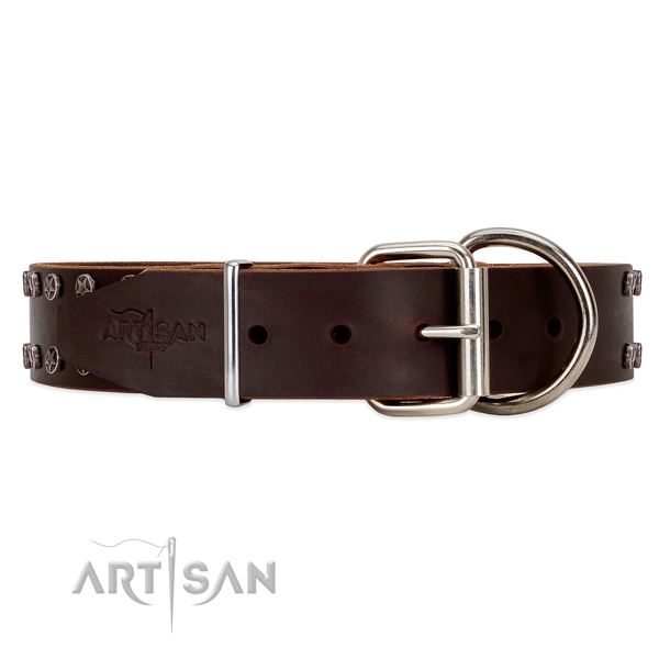 Adorned with Stars Brown Leather Dog Collar with Firm Buckle for Easy Adjusting