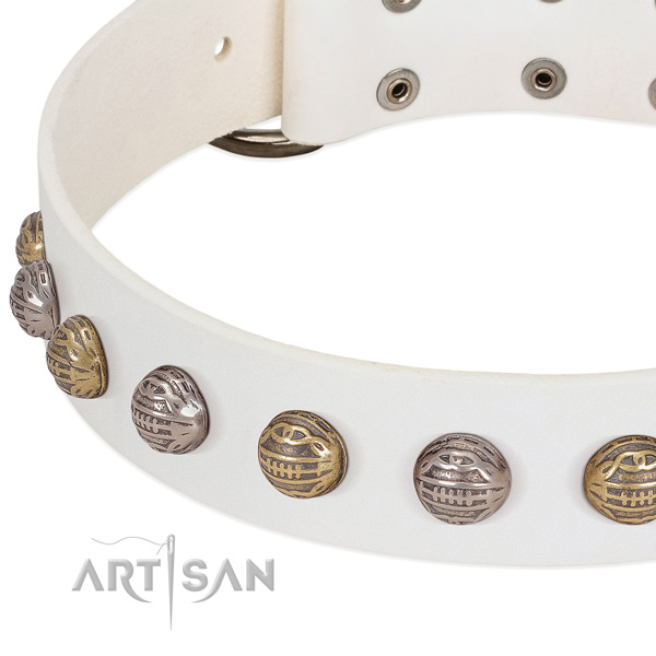 White leather dog collar with vintage decorations