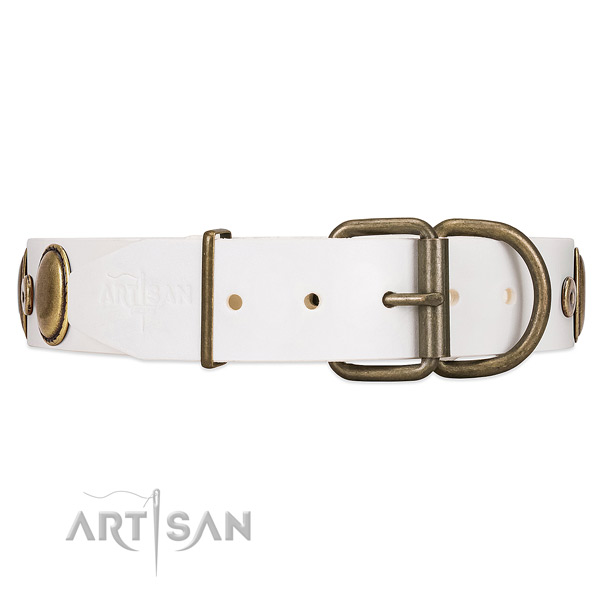 Embellished Leather Dog Collar with Old Bronze-like Plated Fittings