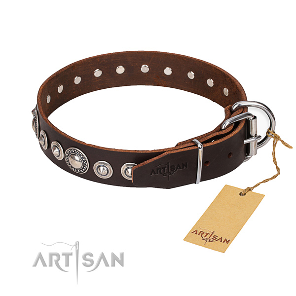 Leather dog collar with chrome plated hardware