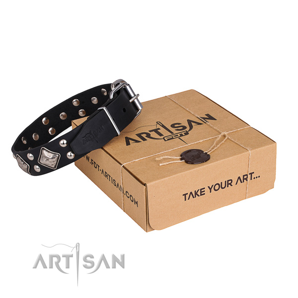 Safe black leather dog collar