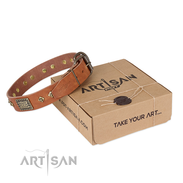 Easy to adjust tan leather dog collar