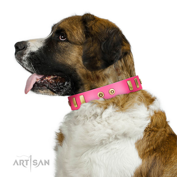 Super comfortable pink leather Moscow Watchdog collar with amazing decorations