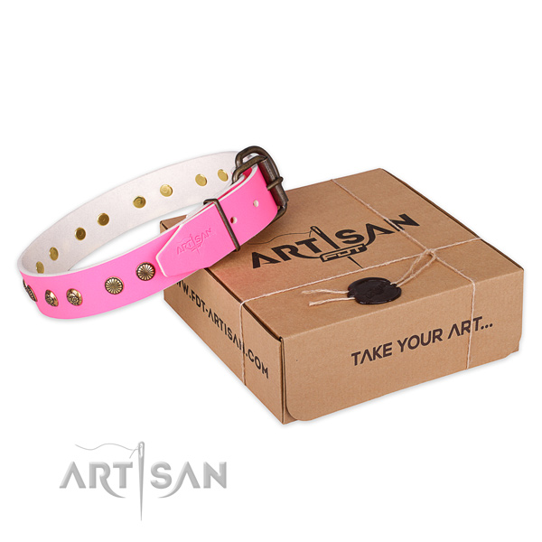 Designer Pink Leather Dog Collar with Old Bronze Plated Decorations