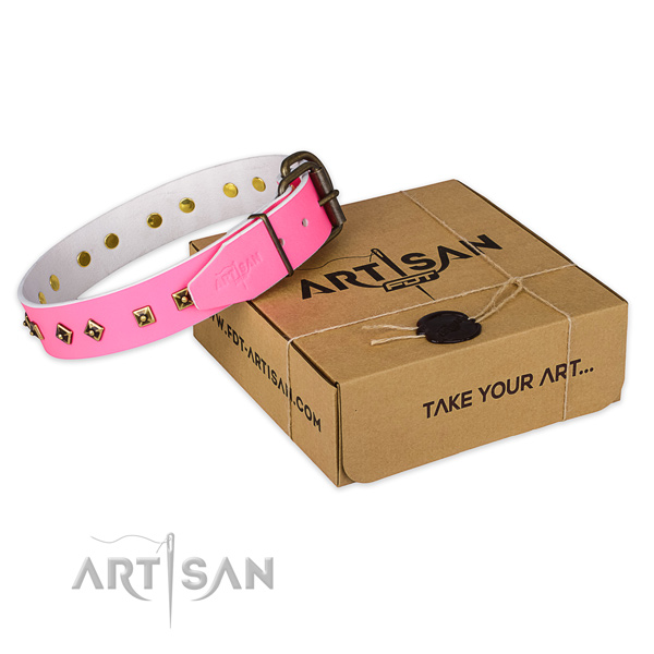 Fancy Pink Leather Dog Collar with Old Bronze Plated Decorations