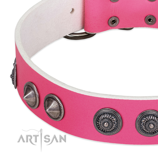 Pink leather dog collar with vintage decorations