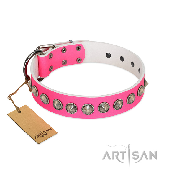 Pink leather dog collar of the best quality