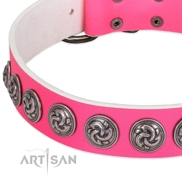 Pink leather dog collar with vintage decorations