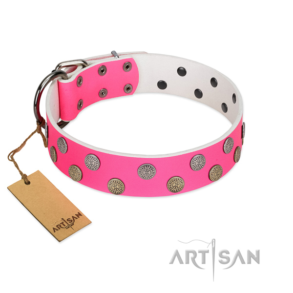 Pink leather dog collar of the best quality