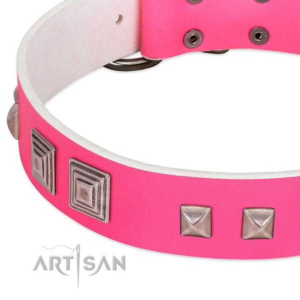 Pink leather dog collar with modern decorations