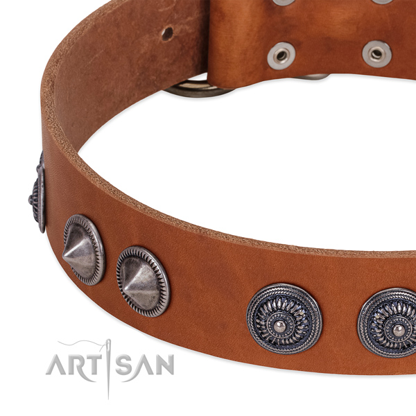 Tan leather dog collar with vintage decorations