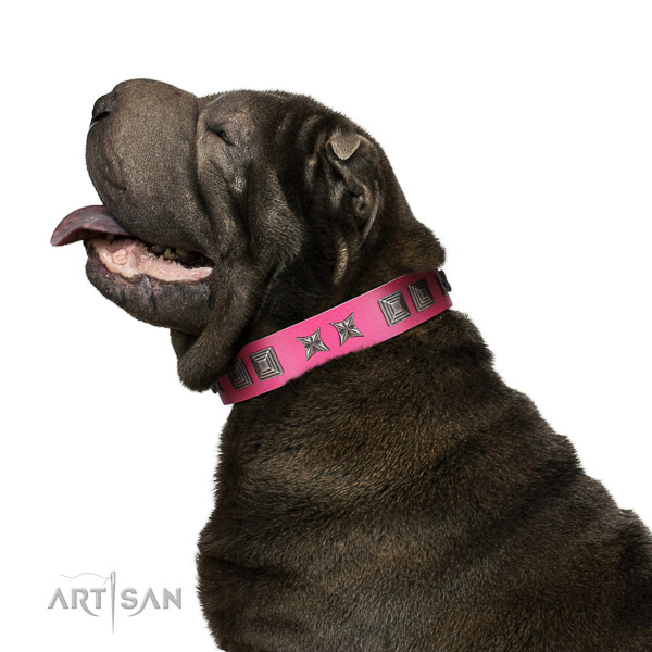 Extraordinary walking pink leather Shar Pei collar with chic decorations