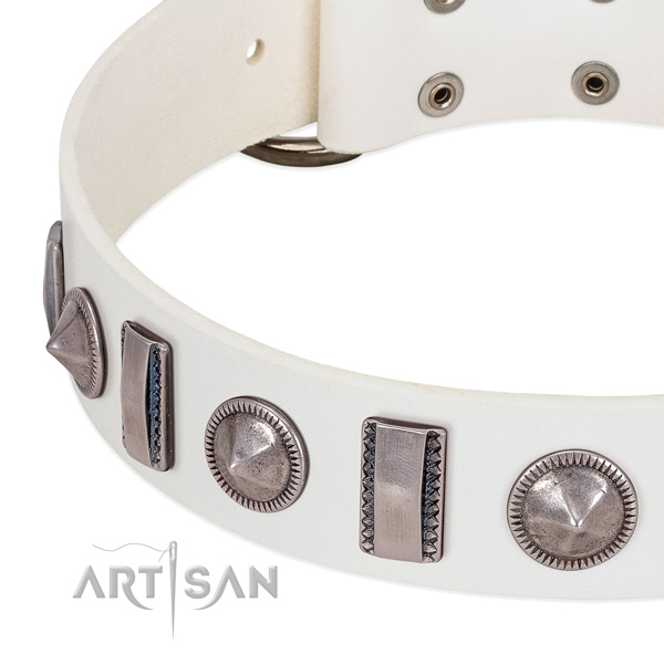 White leather dog collar with vintage decorations