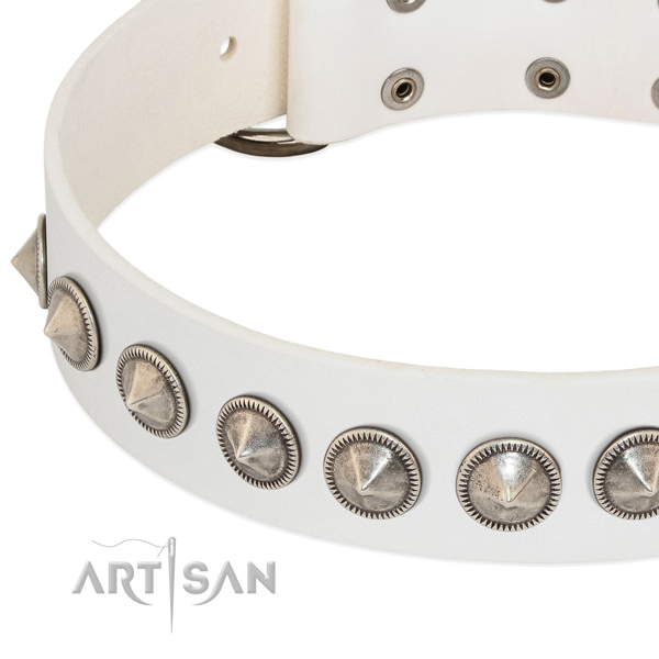 White leather dog collar with vintage decorations