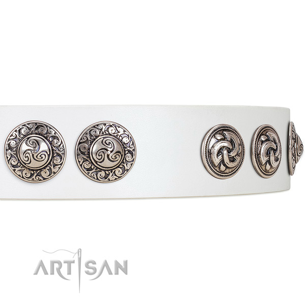 Striking white leather dog collar with engraved medallions