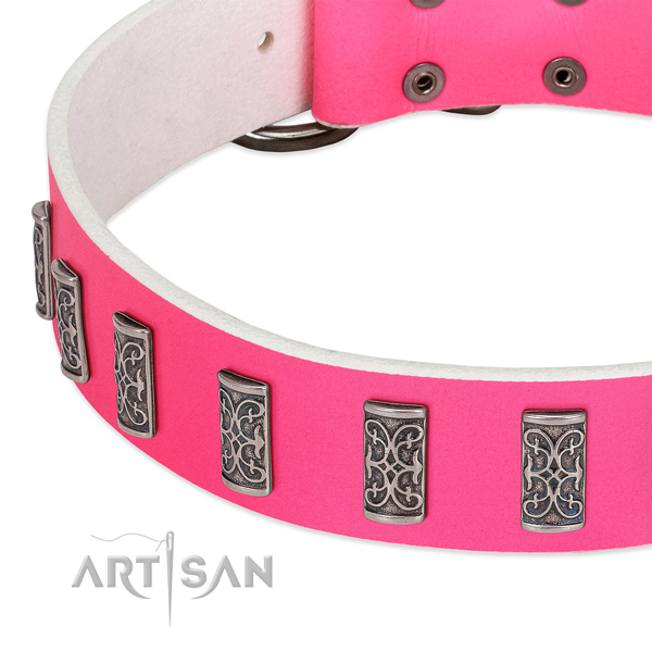 Pink leather dog collar with vintage decorations