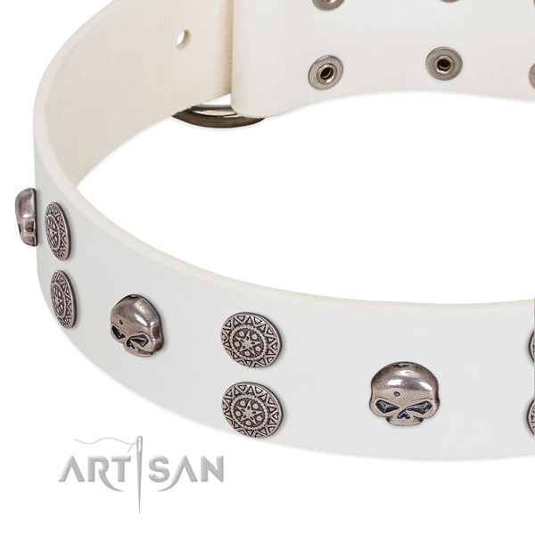 White leather dog collar with vintage decorations