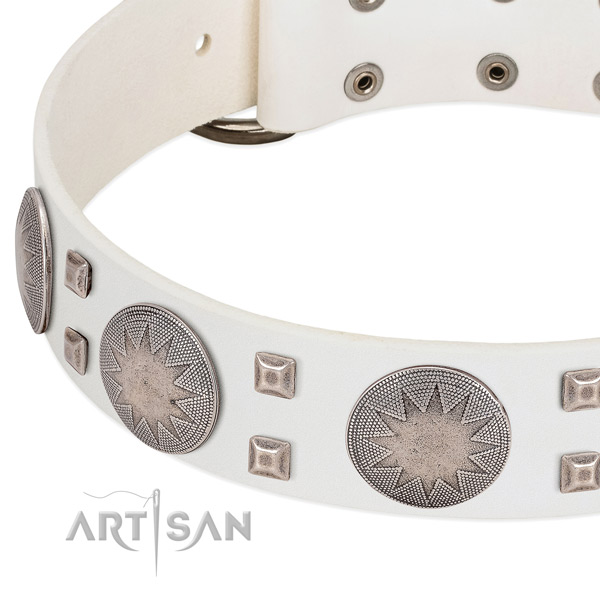 White leather dog collar with vintage decorations