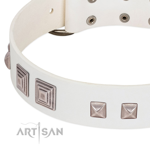 White leather dog collar with vintage decorations