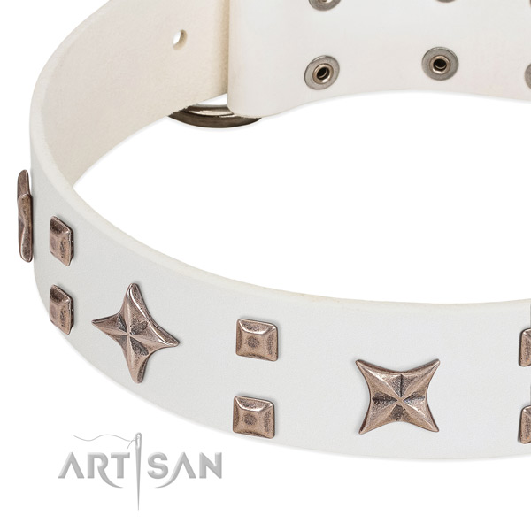 White leather dog collar with vintage decorations