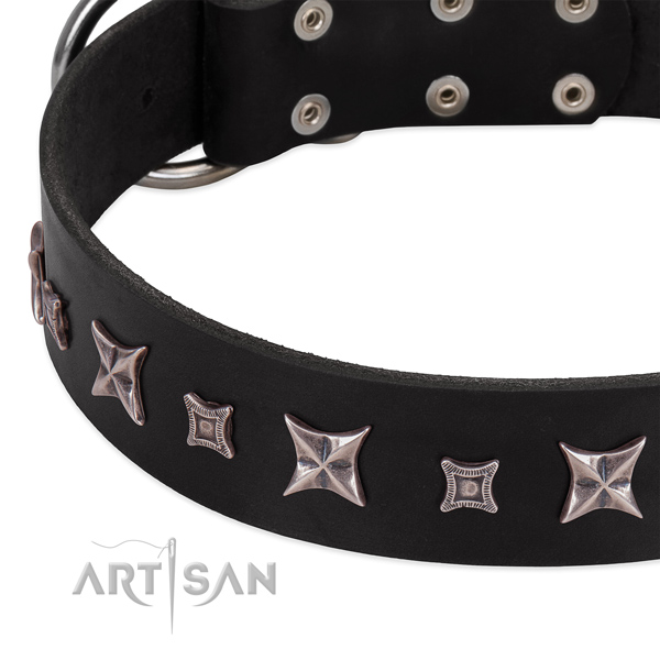 Black leather dog collar with vintage decorations