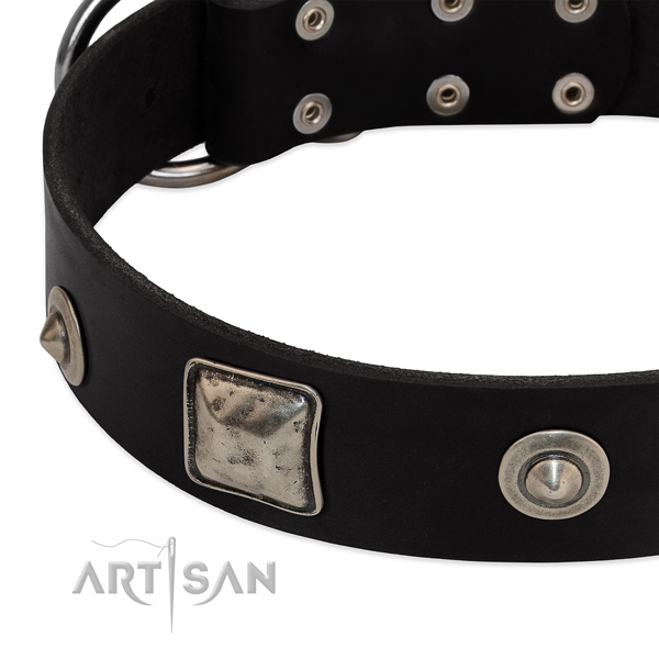 Black leather dog collar with vintage decorations