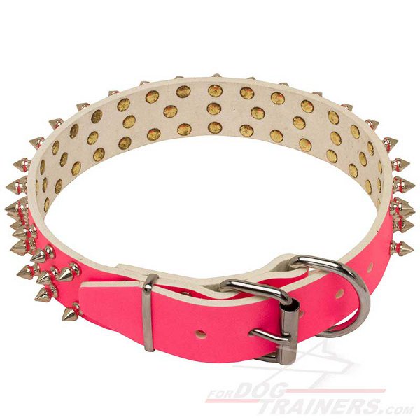 Handcrafted Pink Leather Collar with Nickel Plated Spikes